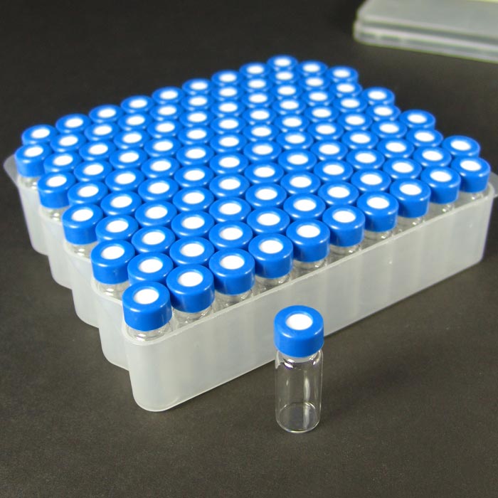 9mm, 2mL Clear Wide Mouth Twist Vials and Blue Caps with PreSlit PTFE