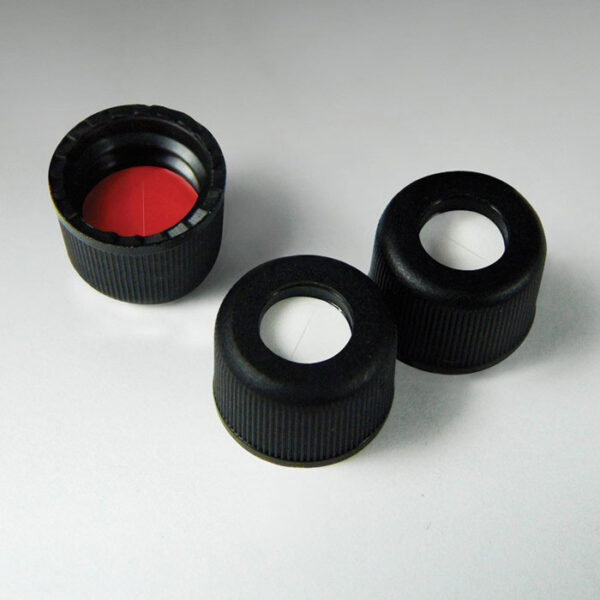 20028SL-CASE Pre-Assembled 8mm Black Standard Screw Caps with Pre-Slit Silicone/PTFE Liner