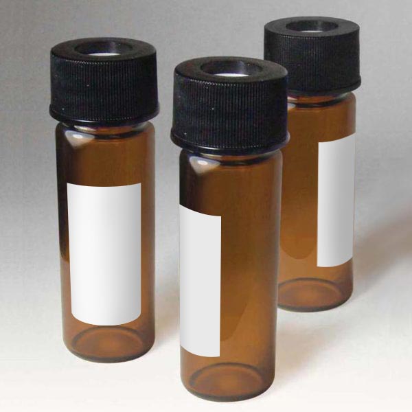 13mm, 4mL Amber Screw Vials with Marking Spots and Black PP Caps with 0.75" Silicone/PTFE Liners