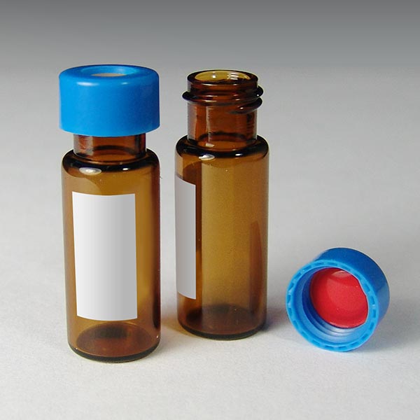 9mm, 2mL Amber Wide Mouth Twist Vials with Marking Spot and Blue Caps with Natural Rubber/PTFE Liners