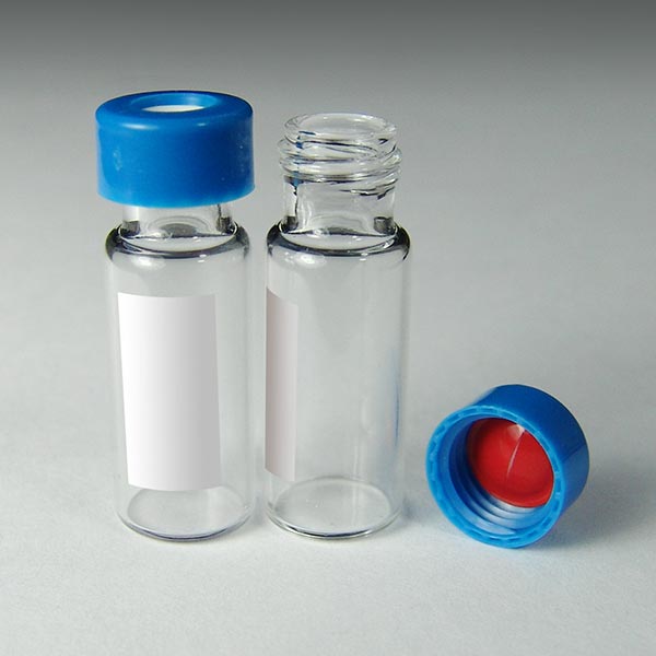 9mm, 2mL Clear Wide Mouth Twist Vials with Marking Spot and Blue Caps with Pre-Slit Silicone/PTFE Liners