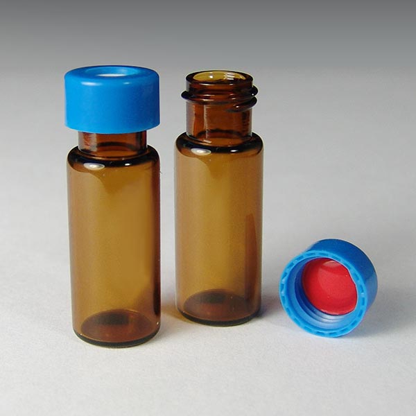 9mm, 2mL Amber Wide Mouth Twist Vials and Blue Caps with PTFE/Silicone Liners