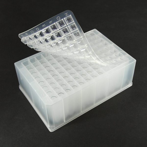 96326 96-Well Plate, Flat Bottom Tapered Glass Inserts, Polypropylene Pierceable Cap Mat with X on Surface