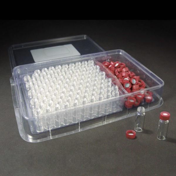 9mm, 12 x 32, 2mL Clear Screw Vials and Red Caps with PTFE/Silicone Liners