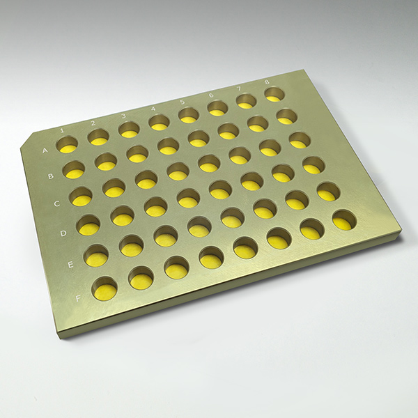 48 well (9mm dia., 13mm pitch), SLAS, 1/4" thick gold-anodized aluminum, 400µL volume plate with 0.3mil Kapton