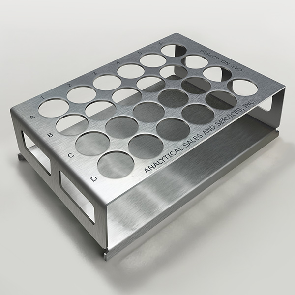 24 Position Stainless Steel Vial Rack for 1 Dram (15mm OD) Vials (18mm well spacing)