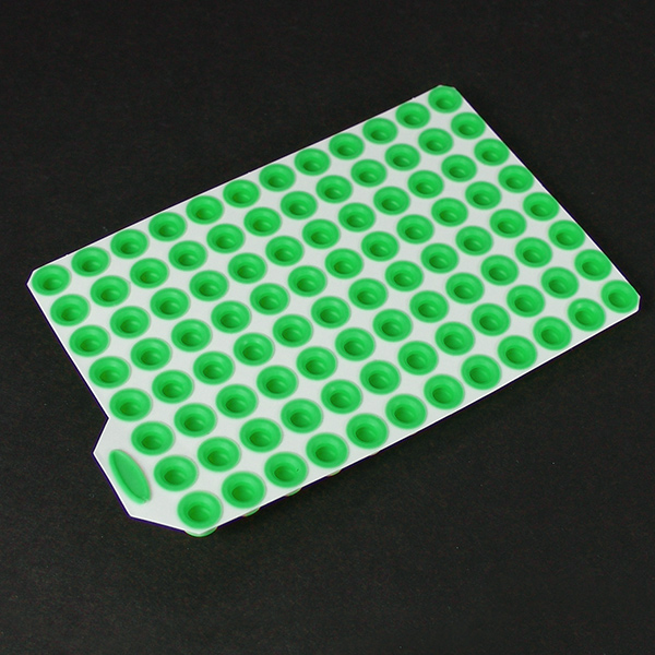 Yellow-Spine-Capmat-top-green Pierceable TPE Plugs on 96 Well Spine (non-removable), for Tubes/Vials